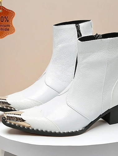  Botas de cano curto masculinas em couro branco - design elegante com fecho de zíper, sofisticadas e versáteis para ocasiões formais e semiformal.