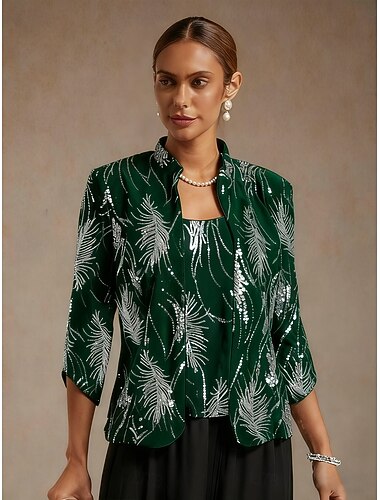  Dámská halenka s twinsetem, elegantní topy, večerní topy s peřím, flitry, elegantní, 3/4 rukáv, mandarínkový límec, běžné topy, společenské večerní šaty, večerní párty, flitry, smaragdově zelená,