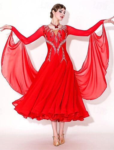  Elegante rode ballroom dansjurk voor dames, versierd met strass steentjes, wals tango moderne rumba wedstrijdjurk