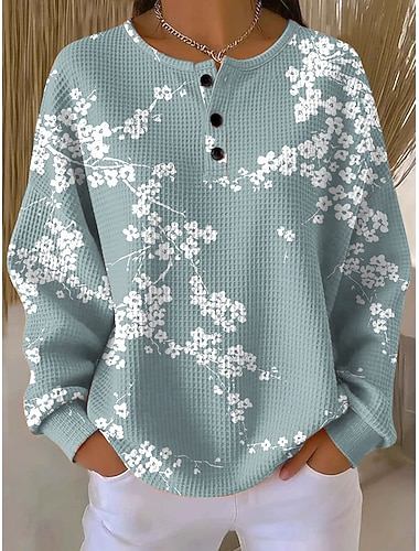  Mulheres Moletom Botões Imprimir Floral Gráfico Geométrica Vintage Casual Manga Longa Gola Redonda Tops regulares Casual Rua Dia a Dia Azul Azul Claro Branco Laranja Primavera Outono Inverno