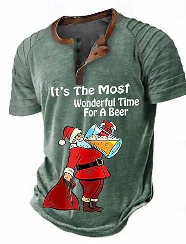  Муж. Новогодняя тематика Дед Мороз Рубашка Хенли футболка реглан С короткими рукавами Мода Оригинальный рисунок На каждый день на открытом воздухе Отпуск Повседневные Лето Зима Синий Серый Зеленый