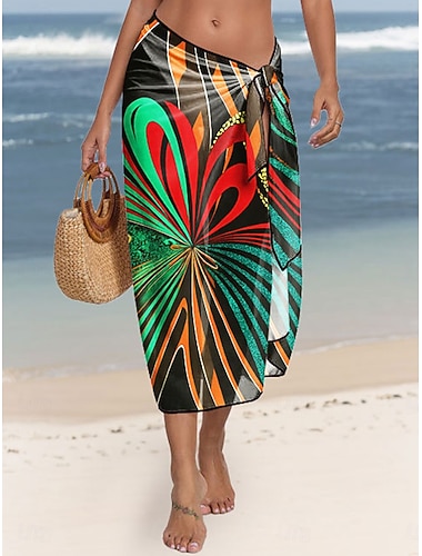  Women's Swimwear Cover Up wrap Skirt Swimsuit Vacation Vintage Ombre Geometic Sleeveless Bathing Suits