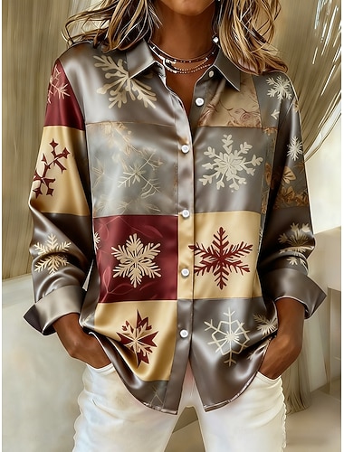  Natal Mulheres Camisa Social Gráfico Floco de Neve Vintage à moda Moderno Manga Longa Colarinho de Camisa Tops regulares Diário Feriado Patchwork Botões Imprimir Vermelho Verde Cáqui Outono Inverno