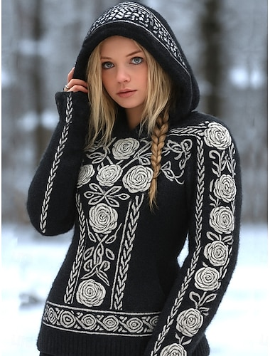  maglione vintage vichingo da donna, per le vacanze, vintage, quotidiano, con cappuccio, floreale, a maniche lunghe, regular top, lavorato a maglia, quotidiano, weekend, nero, primavera, autunno