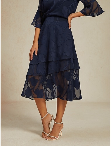  Dames Elegant Casual Midi Medium Taille Rokken Bloemig Kant Ruche Onregelmatige zoom Micro-elastisch Afspraakje Casual / Dagelijks Marineblauw Lente, Herfst, Winter, Zomer Polyester