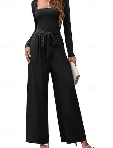  Γυναικεία Φόρμες Κομψό Συμπαγές Χρώμα Μακρυμάνικο Πλατύ Πόδι Λαιμόκοψη U Με Κορδόνια Διακοπές Σπίτι Κανονικό Θαλασσί Μαύρο Ανθισμένο Ροζ Καλοκαίρι