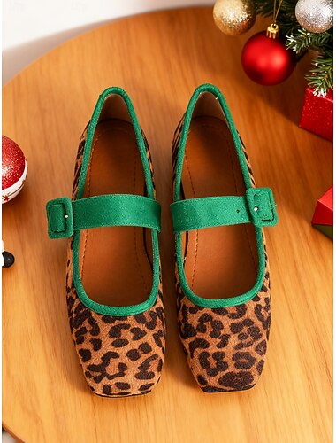  حذاء ماري جين مسطح بطبعة جلد النمر للنساء مع حزام من المخمل - طراز عتيق، مثالي لأعياد الميلاد وحفلات العطلات والارتداء اليومي