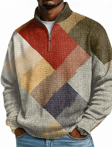  Herren Geometrisch Karomuster Waffel Pullover Mode Täglich Klassisch Lässig Stehkragen Viertelreißverschluss Outdoor Heim Büro Arbeit Blau Purpur Grün Khaki Reißverschluss Herbst Winter Designer S M