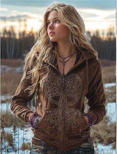  Dame Hættetrøjer med lynlås Grafisk Ternet Mode Vestlig Retrorød Langærmet Hætte Almindelige toppe Gade Hverdag Lynlås Lomme Trykt mønster Gul Lilla Grøn Grå Forår Efterår Vinter