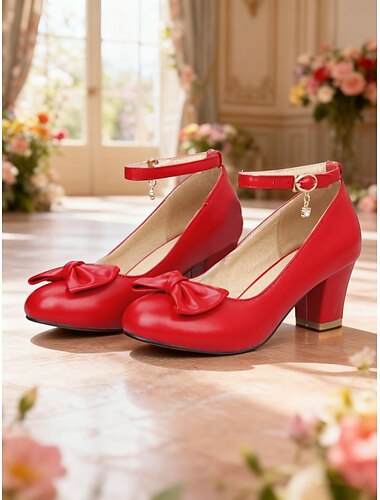  Rote Damen-Pumps mit Schleife und Knöchelriemen – klassischer Vintage-Stil der 1950er Jahre, bequeme Blockabsätze für formelle Anlässe, Partys und den Alltag