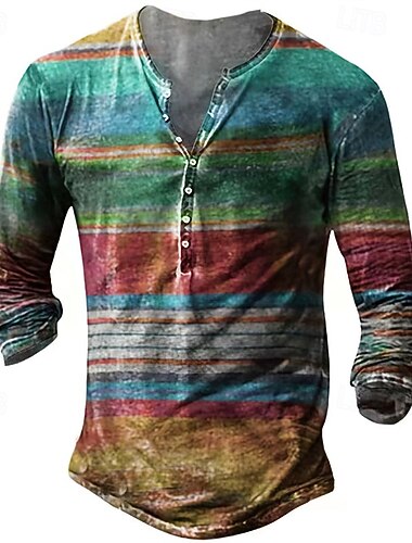  Homme T-shirt Chemise Henley Chemise à Manches Longues manche longue Henley Printemps Automne Rayé Mode Designer Basique Boutons Vacances Rue Sortir Arc-en-ciel T-shirt haut de gamme pour homme