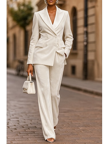  Dames Vrouw 2-delige pakken Broekpakken Formeel Bruiloft gast Satijn Stretch crêpe Elegant Vintage Eenvoudig Lange mouw Tot de grond Inkeping Ingesneden revers Enkele rij knopen