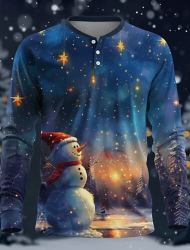  Муж. Новогодняя тематика Снеговик Рубашка Хенли Длинный рукав Мода Симпатичные Стиль Повседневные Повседневные Праздники На выход Весна & осень Синий Хенли Футболка Хенли