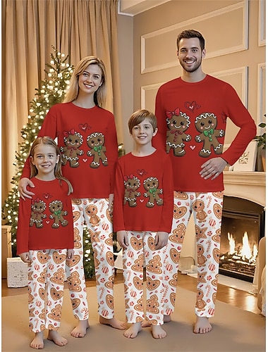  Familie Weihnachten Weihnachtspyjama für die Familie Schlafanzug Familiensets Grafik Lebkuchenmänner Heim Druck Rote Langarm Täglich Passende Outfits