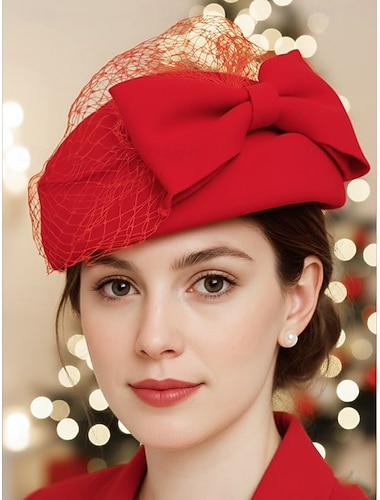  Weihnachtspartyhut für Damen – aus Kunstwolle, mit Schleife und Netzmuster, in verschiedenen Farben erhältlich, perfekt für festliche Anlässe und Wintermode.