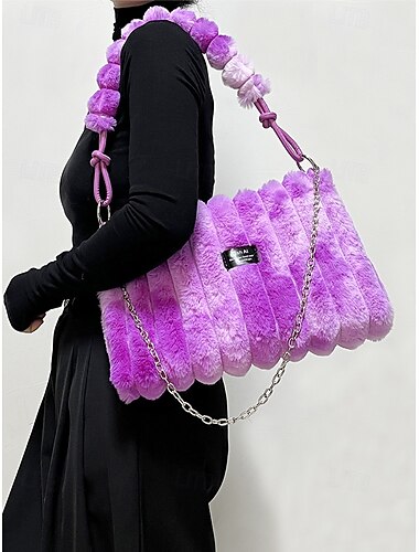  Dame skulderveske i fuskepels, flerfarget, allsidige bærestiler, moteriktig kjedestropp, ideell for fritids- og festbruk