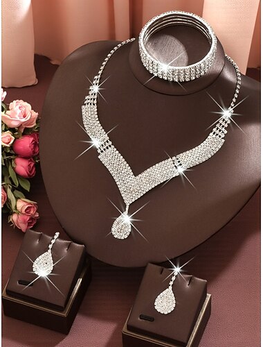  Zestaw biżuterii damskiej ze złota z kryształkami - lśniący naszyjnik w kształcie łezki, wiszące kolczyki &Bransoletka kryształowa, elegancki dodatek na imprezy &wydarzenia specjalne