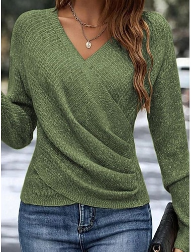  Damen Pullover Lässig Weich Einfarbig Gerippt V Ausschnitt Gestrickt Langarm Normale Oberteile Stricken Outdoor Täglich Wochenende Blau Schwarz Herbst Winter