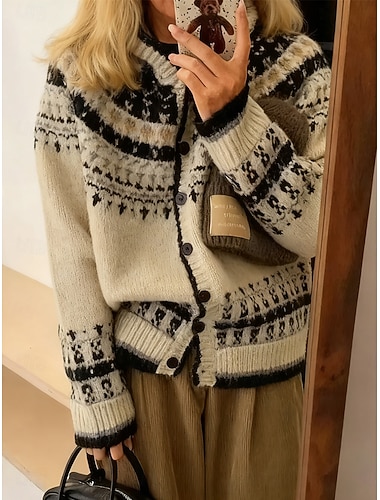  Damen Jacquard-Pullover Pullover Fair Isle Sweater Vintage Täglich Ethno-Stil Mit Kapuze Mit Kapuze Langarm Normale Oberteile Stricken Täglich Kaffee braun Beige Herbst Winter