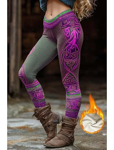  Legginsy Boho Wikingów dla kobiet Fleece Podszewka Legginsy Wakacje Wintage Etniczny Styl Pełna Długość Wysoki Stan Graficzny Wzór Geometrii Abstrakcyjny 3D Druk Termiczny Ciepły Odporny na Wiatr