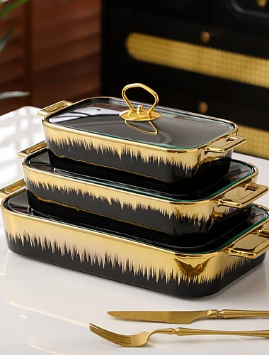  3 stk. rektangulært serveringsfat i full størrelse i keramikk med glasslokk, matoppvarmingsbrett til bryllup, fester og banketter