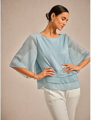 Women's Blouse Dressy Tops Chiffon Tops Lace Tops Elegant Crew Neck Regular Tops Wedding Guest Going out Pleated Glitter Light Blue Spring Fall