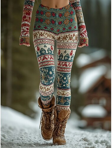  女性用 レギンス 心地よいレギンス 旅行度假风 ヴィンテージ エスニック 全長 ハイウエストPantsクリスマス グラフィック 幾何学模様 プリント 快適 伸縮性あり バケーション カジュアル 日常 グリーン 春 秋 冬 スリムフィット
