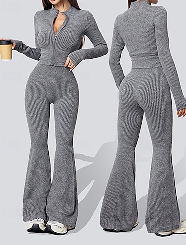  Mulheres Terno de ioga Conjunto de treino de 2 peças Côr Sólida Conjuntos Outono Inverno Cinzento Escuro Preto Esportivo Pilates Cintura Alta Compressão abdominal Manga Longa Esporte Roupas Esportivas