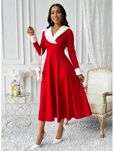 Jul Dame Midikjole Tubekjole Fest Fest Ferie Normal عادي Langermet V-hals Rød Høst Vinter