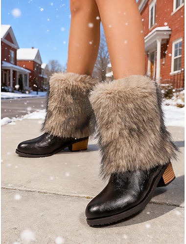  チャンキーヒールのフェイクファー裏地付き冬用アンクルブーツ - 快適でスタイリッシュ、寒い季節、毎日のお出かけ、冬の休暇に最適