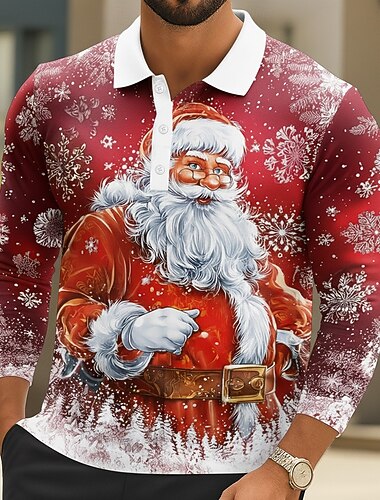  عيد الميلاد المجيد رجالي الرسم بابا نويل بولو ستايل كم طويل قمصان البولو Lapel كاجوال الأماكن المفتوحة شارع مناسب للعطلات ملابس المهرجان طباعة ثلاثية الأبعاد Buttons الربيع الخريف الشتاء
