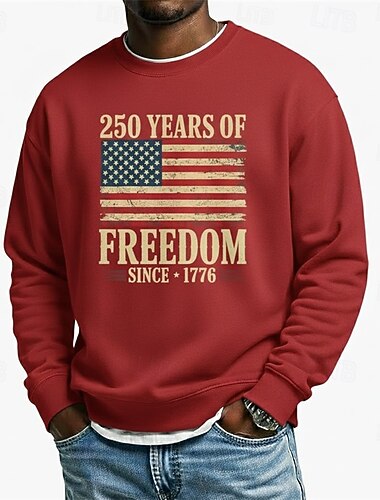  Herren-Sweatshirt mit US-Flagge zum 250. Jahrestag – Sportlich, modisch, klassisch, Rundhalsausschnitt, ideal für Outdoor und Urlaub, in Blau, Schwarz, Rot und Grün bedruckt, für Frühling und Herbst,