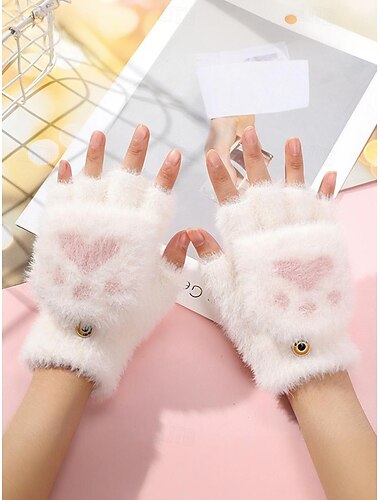  Damhandskar med fuzzy stickning och fingerlösa katter – mjukt plyschtyg, finns i flera färger, perfekta för vinter och vardagskläder.