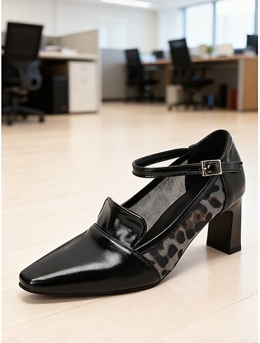  حذاء نسائي بكعب عريض أسود من الجلد الصناعي مع أجزاء بطبعة جلد النمر - حذاء أنيق ومريح للمكتب والمناسبات الرسمية