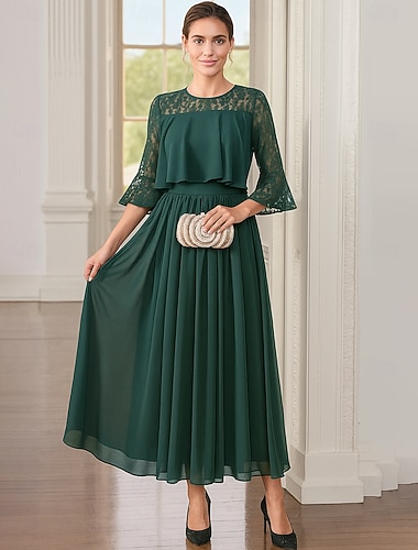  A-Linje Ankellengde Tea Lengde Festkjole Cocktailkjole Bryllupsgjester Kjole Mor til Bruden Kjole Lange Ermer Crew Neck Elegant Vintage Fest med Blonde Fold