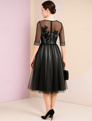  A-linje Te-lengde Ballkjole Festkjole Swingkjole Kortermet Crew-hals Elegant Årgang Fest Bryllupsgjest Polyester Kjole til brudens mor med Broderi Fargeblokk