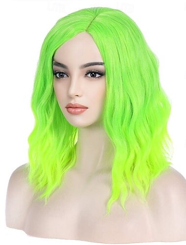  Grüne, kurze, lockige Perücke, neongrüne Bob-Perücke, zitronengrüne Beach-Wave-Perücke für Cosplay, Kostümpartys und Karnevalsfeste