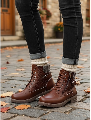  Женские коричневые ботильоны из искусственной кожи на шнуровке с вязаными вставками – стильные и прочные ботинки для прогулок на свежем воздухе, работы и повседневных выходов