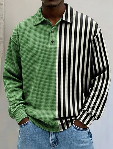  Voor heren Horizontale stroken Wafel Poloshirts Rugbypolo Met Textuur Lange mouw Poloshirt Revers Sportkleding Casual School Sportkleding Alledaagse kleding 3D-afdrukken Lente Herfst Winter Zwart