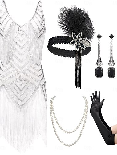  Set Années Folles Années 1920 Mini Robe Soirée de mariage enterrement de vie de garçon avec accessoires Sans manches Gatsby le Magnifique Charleston Paillettes Frange à pompons Plume Décollet