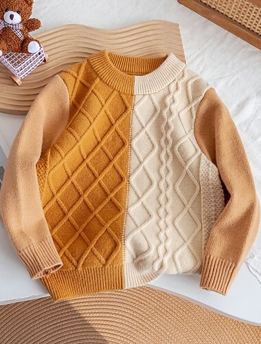  Dzieci Dla obu płci Sweter sweter Kolorowy blok Długi rękaw Zatrzymujący ciepło Na zewnątrz Moda Pomarańczowy Jesień Odzież 4-12 lat