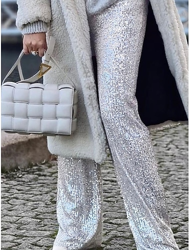  Dame Bukser med rett ben Mote Gatemote Glitrende Full lengde Høy Midje عادي Skimrende comfy Myk Bekvem Uelastisk utendørs Fest Sølv Svart Rosa Fuksia Sommer Vår Normal