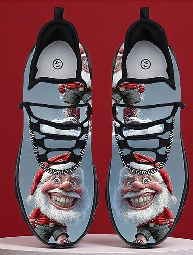  クリスマスをテーマにした笑顔のサンタのグラフィックスニーカーは、楽しくてお祝いのホリデーシューズです。