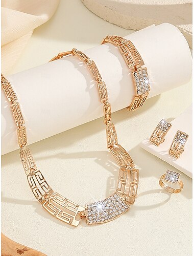  4-delige vergulde sieradenset voor dames - geometrische strass-ketting, oorbellen, armband &ring, luxe bruidsaccessoires voor bruiloften &feest evenementen