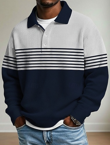  Муж. Полоски Рубашки-поло из вафельной ткани Регби-поло Длинный рукав Футболки поло Рубашки с воротником На каждый день Одежда для спорта и отдыха На каждый день Пуговицы Весна Осень Зима