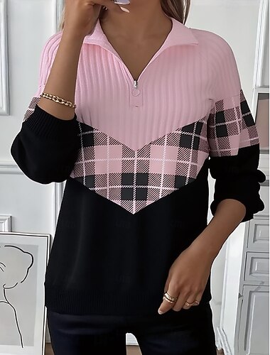  Dame Pullover sweatshirt Ternet Elegant Aktiv Sød Stil Langærmet Højhalset Almindelige toppe Hjem Arbejde Hverdag Halv lynlås Lyserød Forår Efterår Vinter