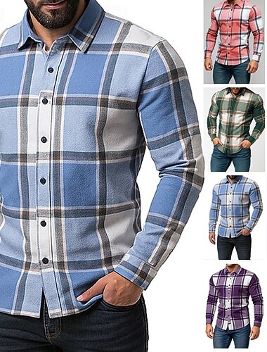  Miesten Paita Flanellipaita Tarkista paita Button Up paita Päällyspaita Skottiruutukuvio ulko- Katu Sininen Musta Punastuvan vaaleanpunainen Rubiini Pitkähihainen Kauluskäänne 봄 & Syksy Vaatetus