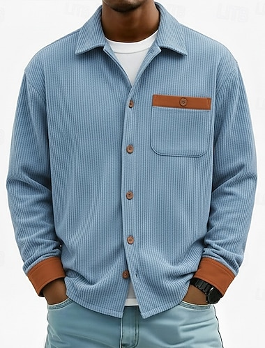  Herren Hemd Freizeithemd Cordhemd Knopfhemd Schwarz Himmelblau Braun Grün Kaki Langarm Farbblock Einfach Hemdkragen Lässig Täglich Patchwork Bekleidung Mode Modern Lässig