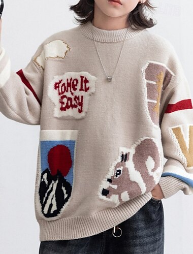  Bambini Ragazzi Pullover Maglione Grafico Manica Lunga Tenere al caldo All'aperto Moda Cachi Autunno Vestiti 4-12 Anni