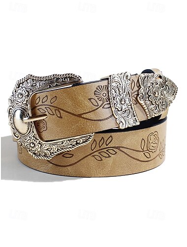  حزام نسائي من الجلد الصناعي على الطراز البوهيمي - تصميم زهور معقد مع مشبك معدني، مثالي للارتداء العادي واليومي.